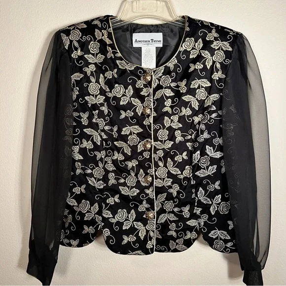 Black and Gold Embroidered Top Sheer Sleeves - Picture 2 of 9